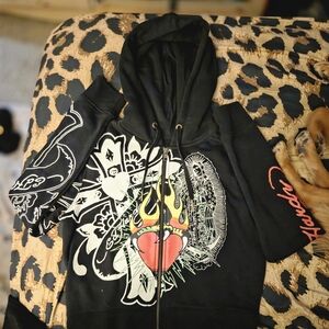 Ed Hardy Black Hoodie with Red and White Graphics